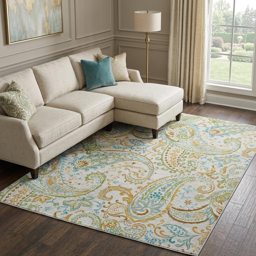8' X 10' Ivory And Teal Paisley Shag Washable Area Rug With UV Protection - HomeRoots - Flyclothing LLC