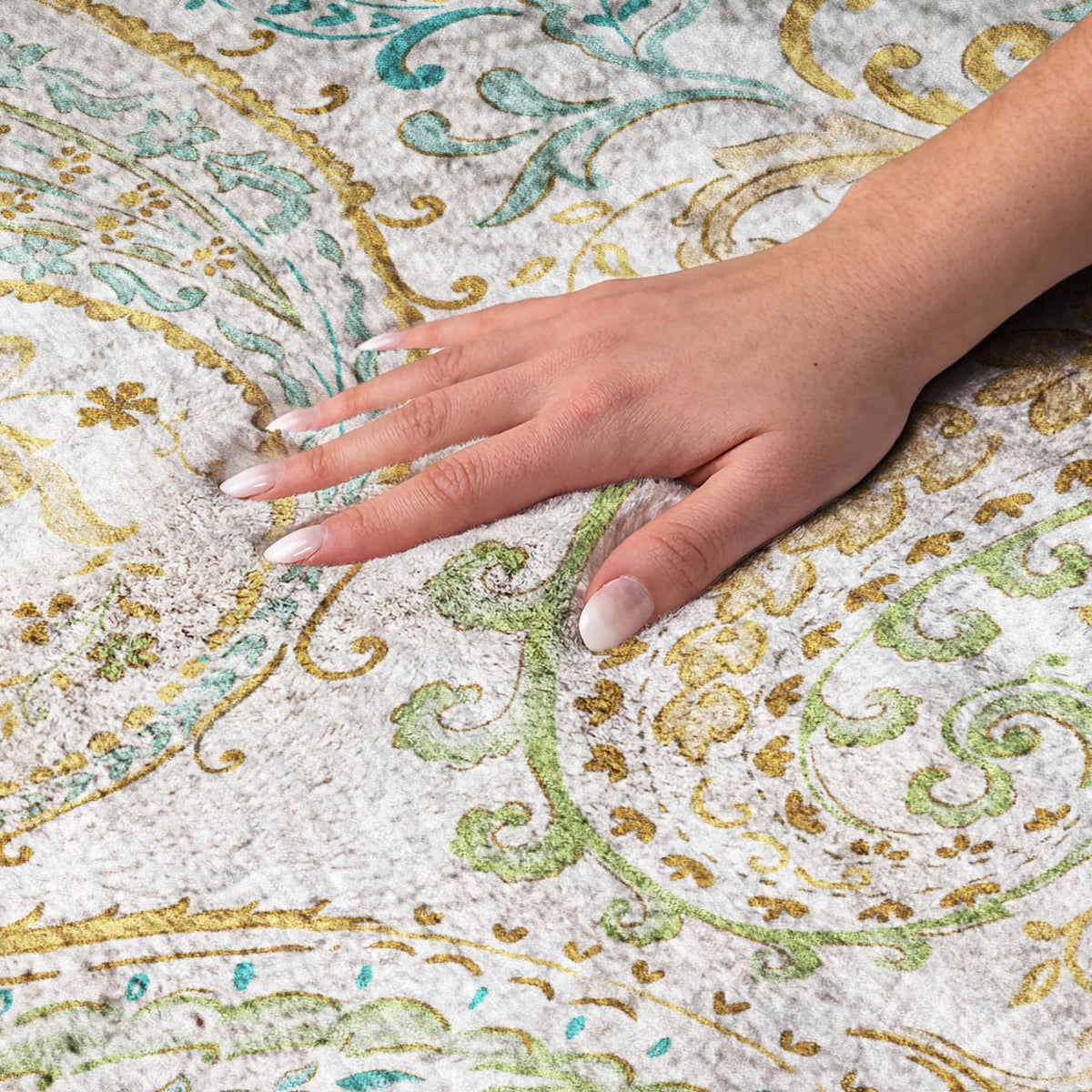 9' X 12' Ivory And Teal Paisley Shag Washable Area Rug With UV Protection - HomeRoots - Flyclothing LLC