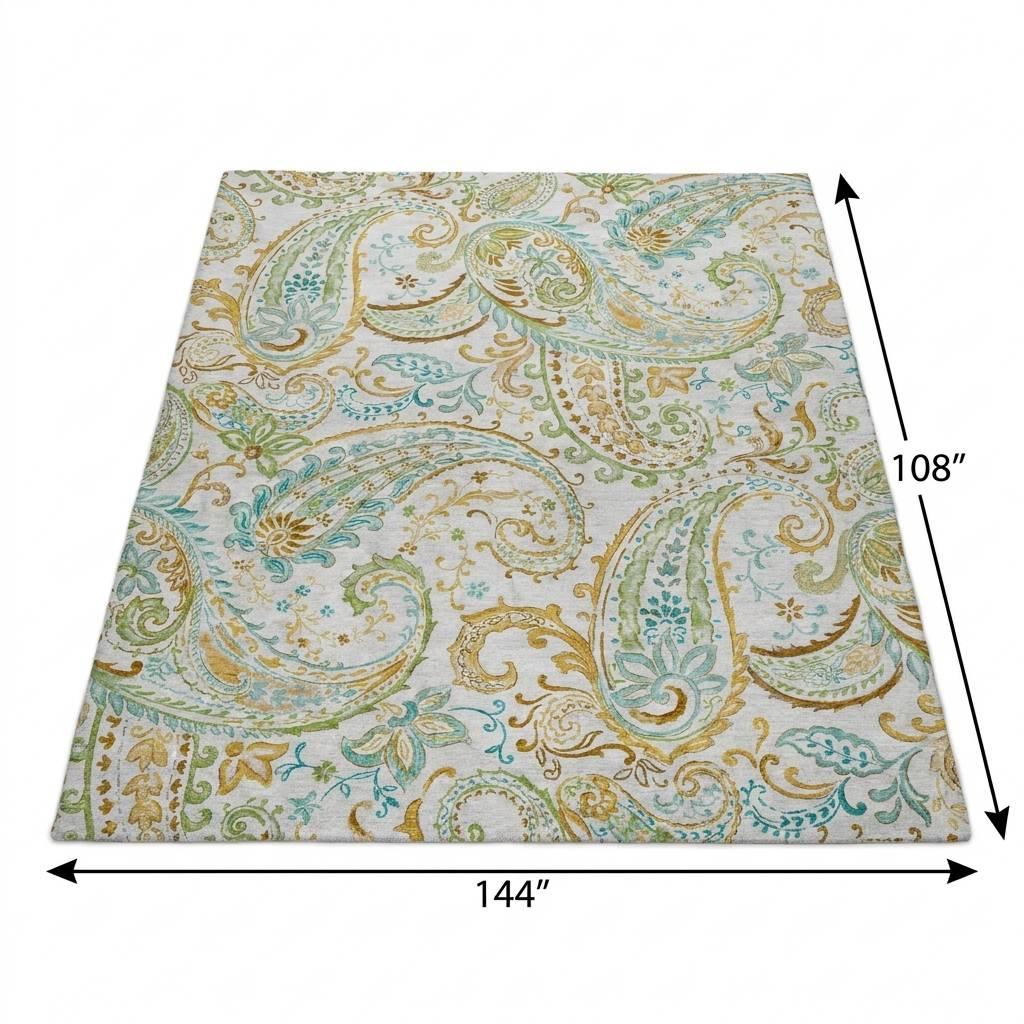 9' X 12' Ivory And Teal Paisley Shag Washable Area Rug With UV Protection - HomeRoots - Flyclothing LLC