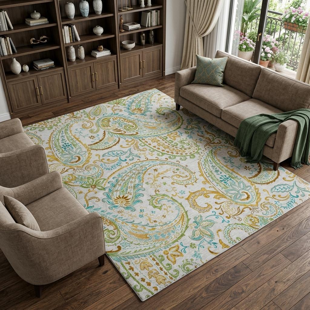 10' X 14' Ivory And Teal Paisley Shag Washable Area Rug With UV Protection - HomeRoots - Flyclothing LLC