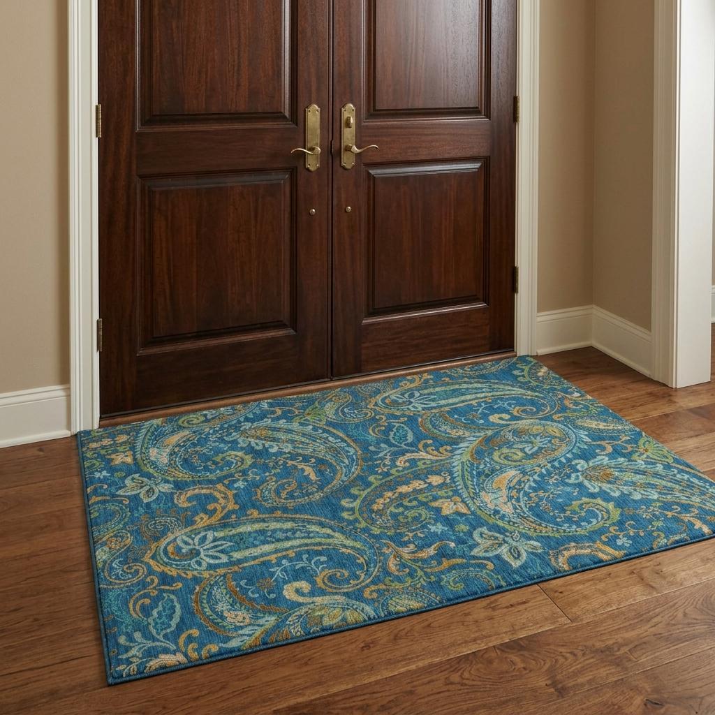 3' X 5' Navy Blue And Teal Paisley Shag Washable Area Rug With UV Protection - HomeRoots - Flyclothing LLC