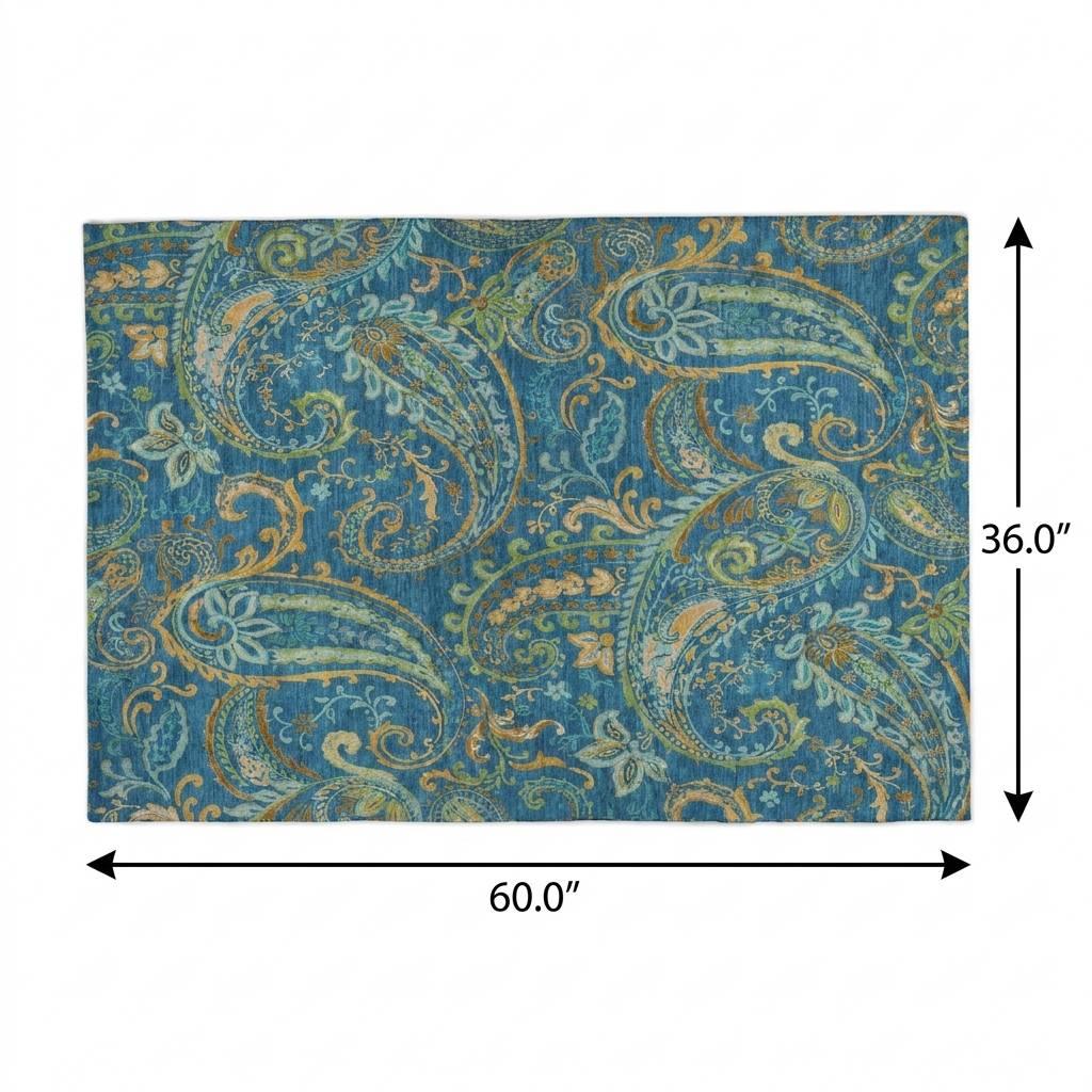 3' X 5' Navy Blue And Teal Paisley Shag Washable Area Rug With UV Protection - HomeRoots - Flyclothing LLC