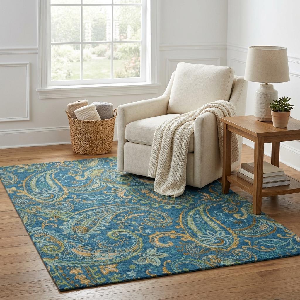 5' X 8' Navy Blue And Teal Paisley Shag Washable Area Rug With UV Protection - HomeRoots - Flyclothing LLC
