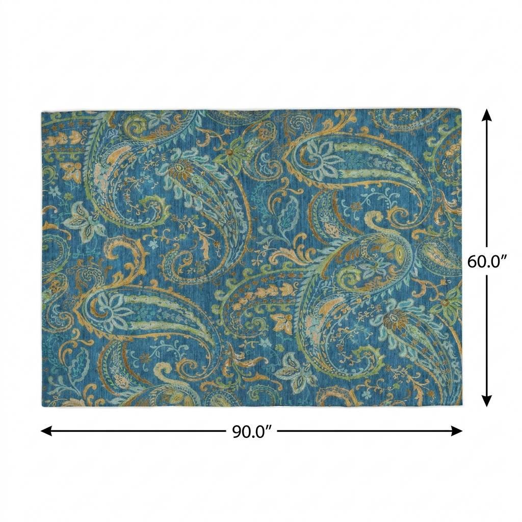 5' X 8' Navy Blue And Teal Paisley Shag Washable Area Rug With UV Protection - HomeRoots - Flyclothing LLC