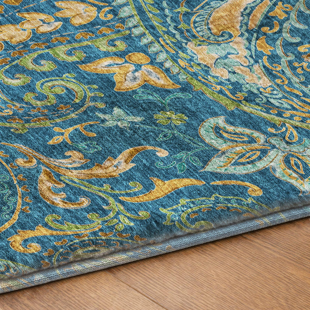 8' Navy Blue And Teal Paisley Shag Washable Round Rug With UV Protection - HomeRoots - Flyclothing LLC