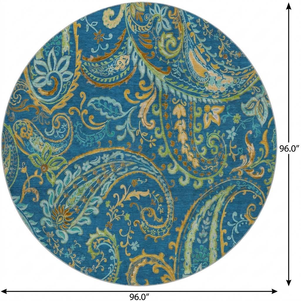 8' Navy Blue And Teal Paisley Shag Washable Round Rug With UV Protection - HomeRoots - Flyclothing LLC