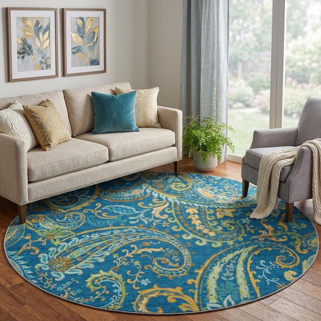 8' Navy Blue And Teal Paisley Shag Washable Round Rug With UV Protection - HomeRoots - Flyclothing LLC