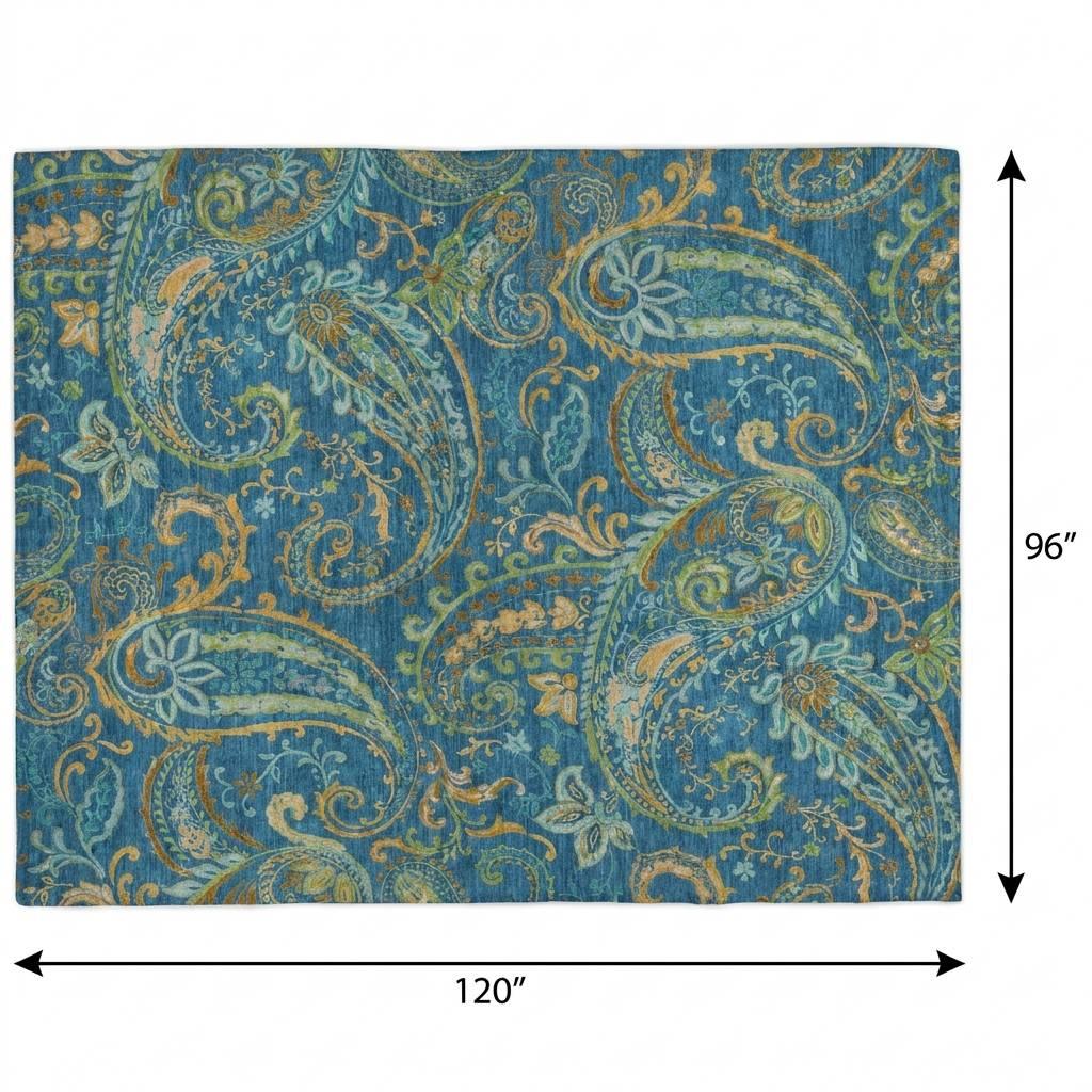 8' X 10' Navy Blue And Teal Paisley Shag Washable Area Rug With UV Protection - HomeRoots - Flyclothing LLC