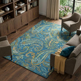 9' X 12' Navy Blue And Teal Paisley Shag Washable Area Rug With UV Protection - HomeRoots - Flyclothing LLC