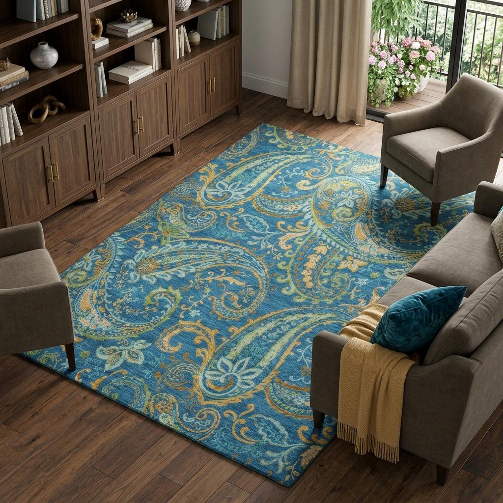 9' X 12' Navy Blue And Teal Paisley Shag Washable Area Rug With UV Protection - HomeRoots - Flyclothing LLC