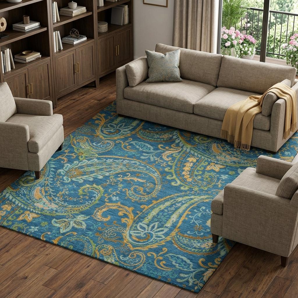 10' X 14' Navy Blue And Teal Paisley Shag Washable Area Rug With UV Protection - HomeRoots - Flyclothing LLC