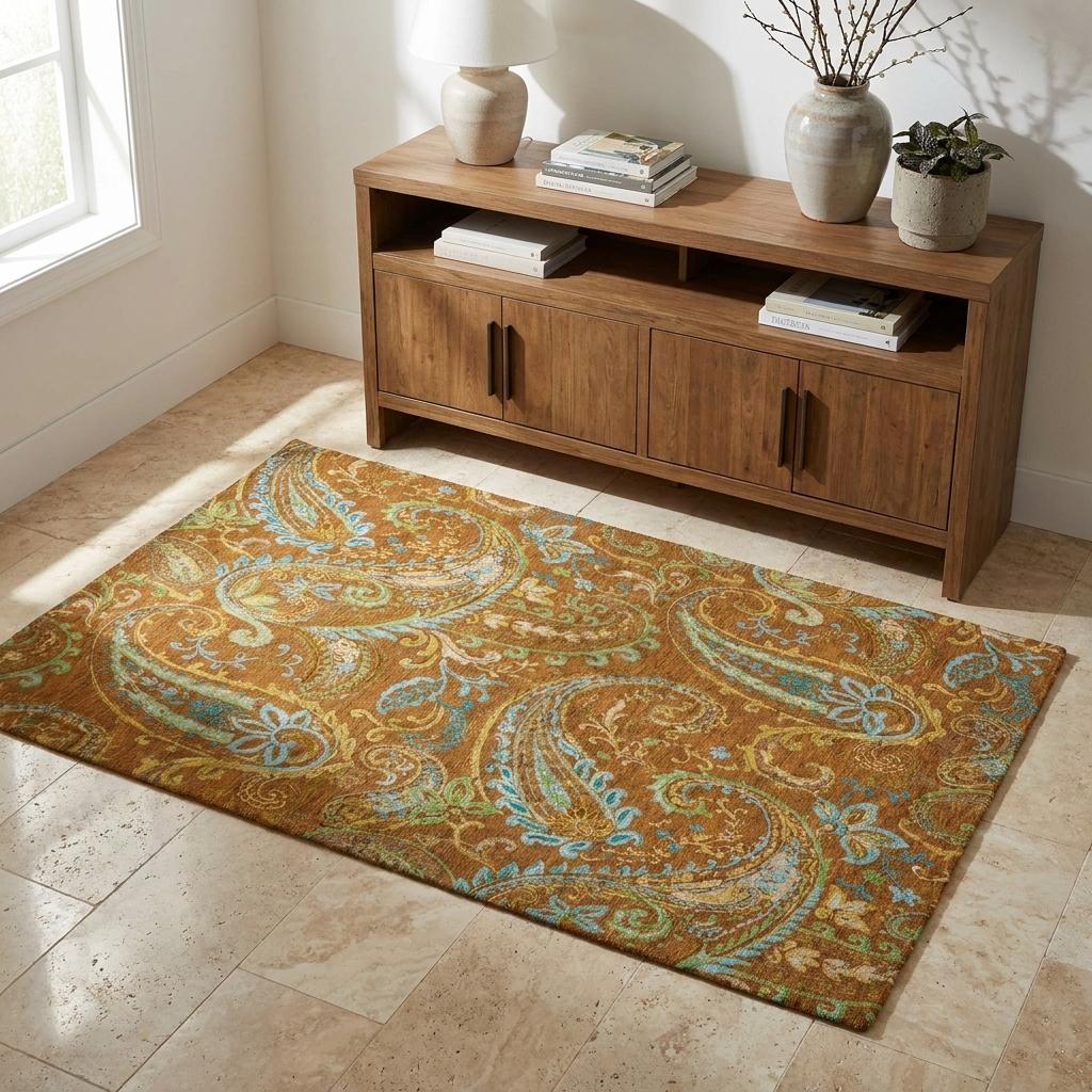 3' X 5' Orange And Teal Paisley Shag Washable Area Rug With UV Protection - HomeRoots - Flyclothing LLC