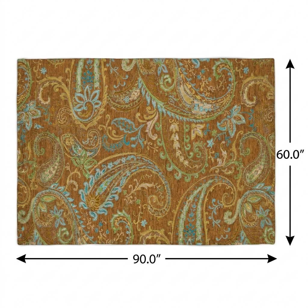 5' X 8' Orange And Teal Paisley Shag Washable Area Rug With UV Protection - HomeRoots - Flyclothing LLC