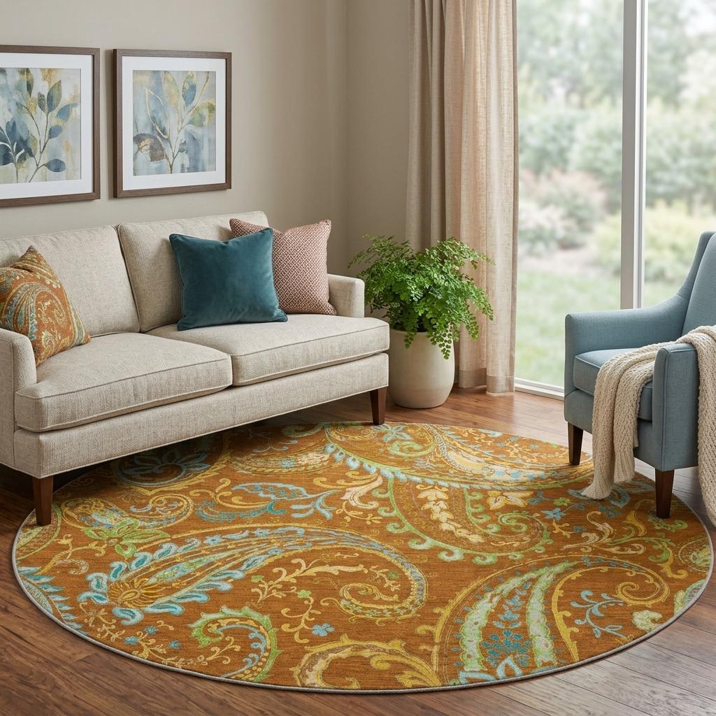8' Orange And Teal Paisley Shag Washable Round Rug With UV Protection - HomeRoots - Flyclothing LLC