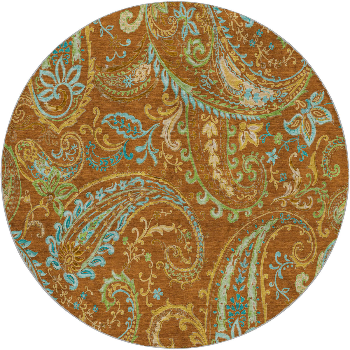 8' Orange And Teal Paisley Shag Washable Round Rug With UV Protection - HomeRoots - Flyclothing LLC
