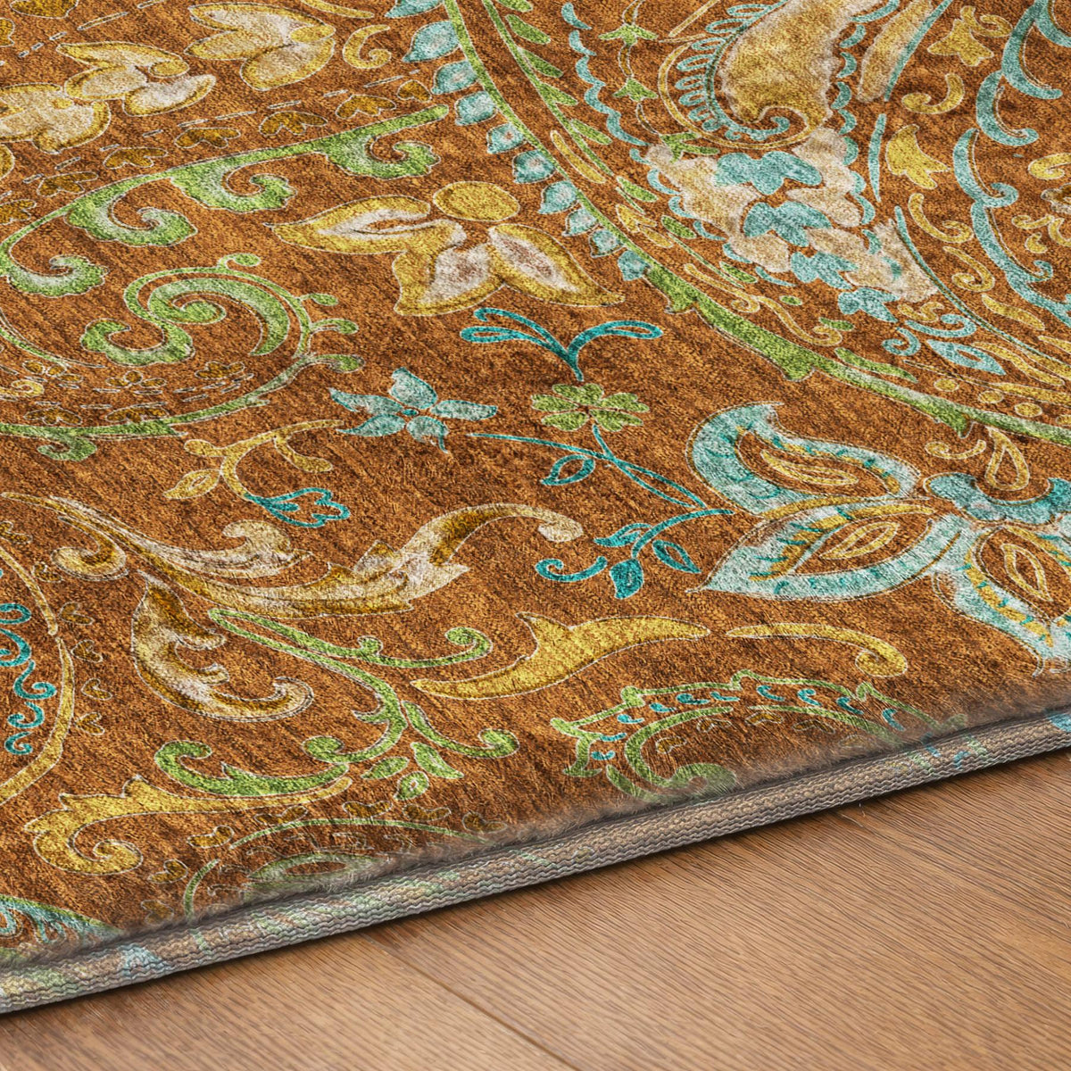8' Orange And Teal Paisley Shag Washable Round Rug With UV Protection - HomeRoots - Flyclothing LLC