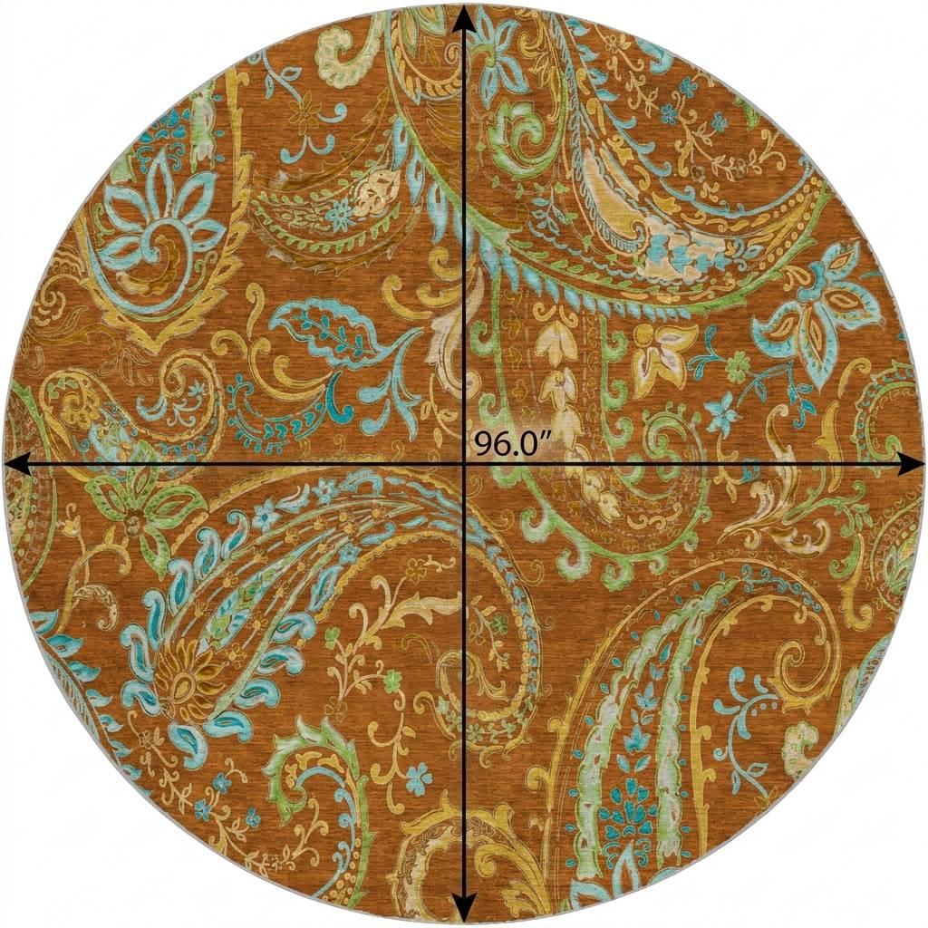 8' Orange And Teal Paisley Shag Washable Round Rug With UV Protection - HomeRoots - Flyclothing LLC