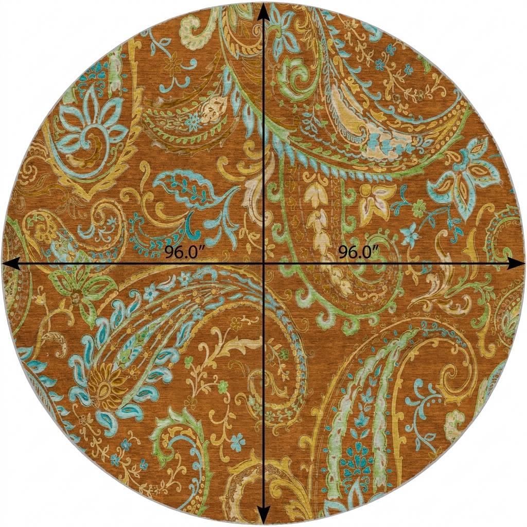 8' Orange And Teal Paisley Shag Washable Round Rug With UV Protection - HomeRoots - Flyclothing LLC