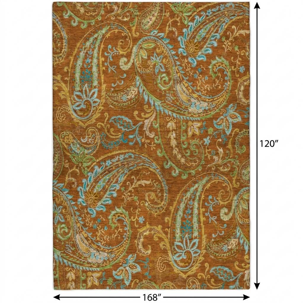 10' X 14' Orange And Teal Paisley Shag Washable Area Rug With UV Protection - HomeRoots - Flyclothing LLC