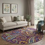 8' Purple And Teal Paisley Shag Washable Round Rug With UV Protection - HomeRoots - Flyclothing LLC