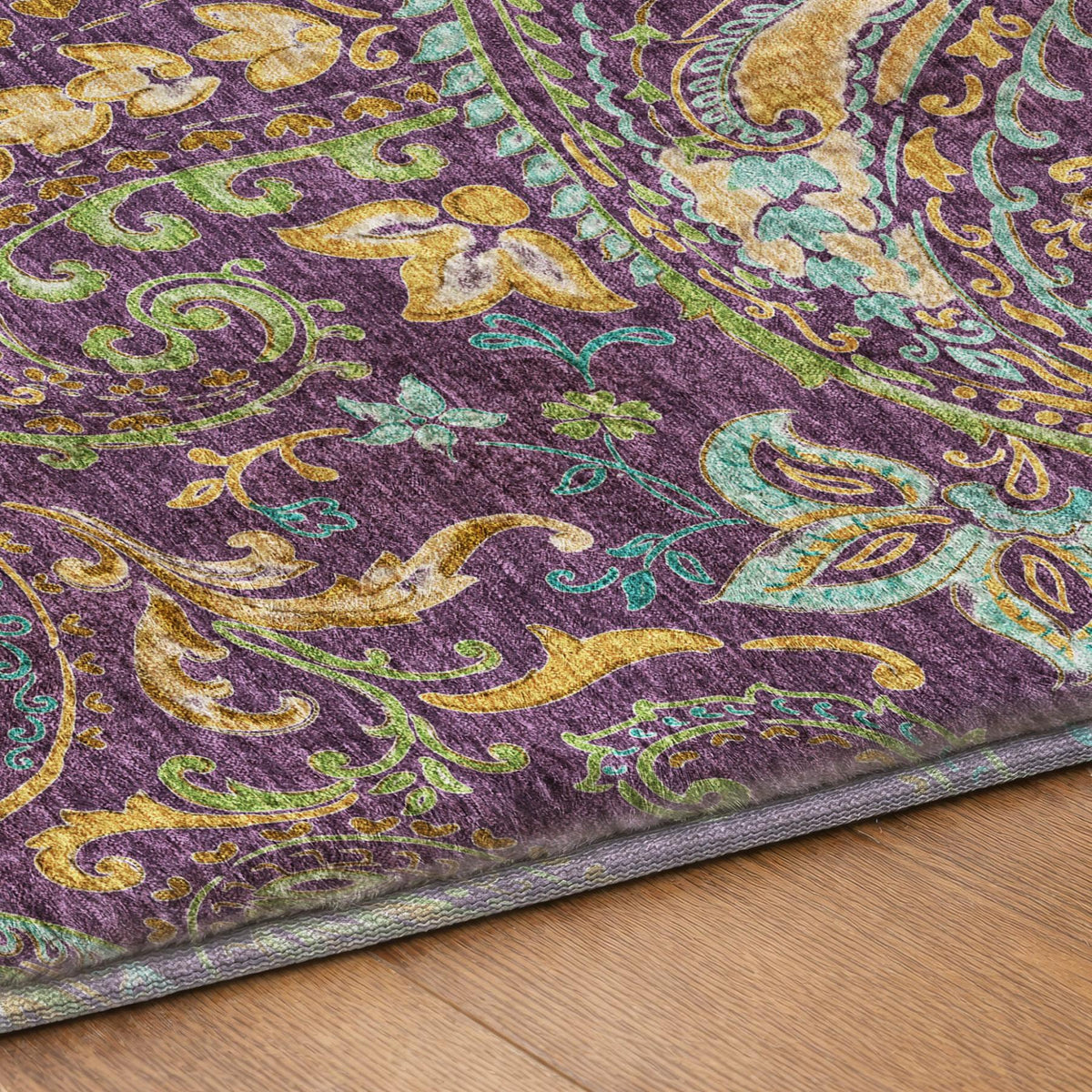 8' Purple And Teal Paisley Shag Washable Round Rug With UV Protection - HomeRoots - Flyclothing LLC