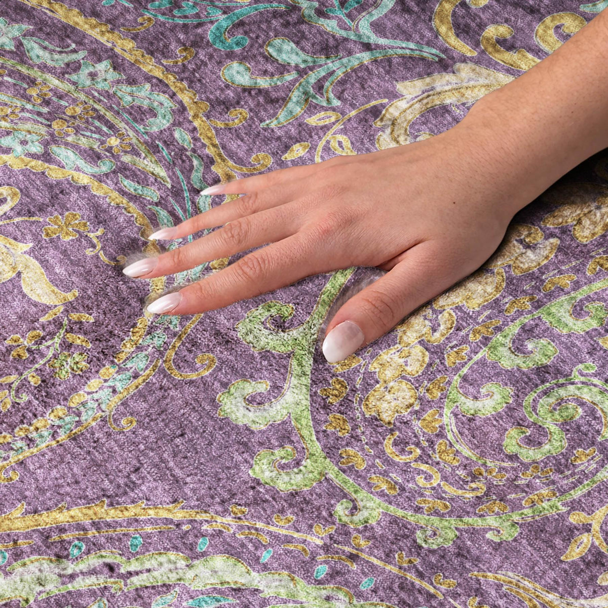 8' Purple And Teal Paisley Shag Washable Round Rug With UV Protection - HomeRoots - Flyclothing LLC