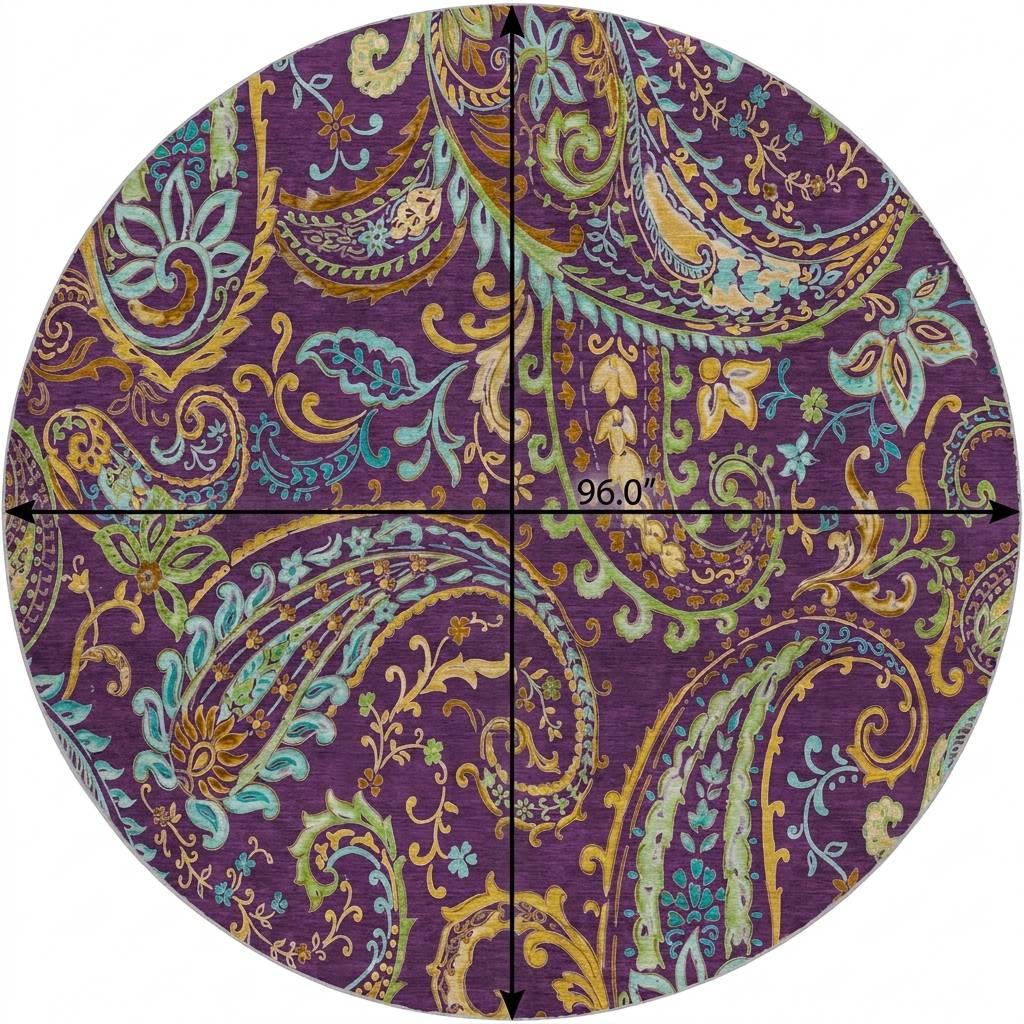 8' Purple And Teal Paisley Shag Washable Round Rug With UV Protection - HomeRoots - Flyclothing LLC