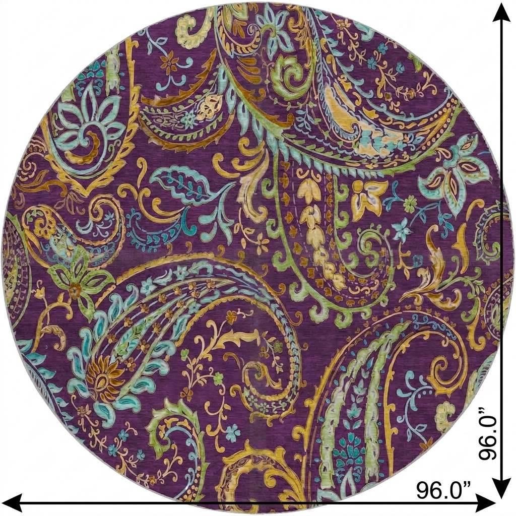 8' Purple And Teal Paisley Shag Washable Round Rug With UV Protection - HomeRoots - Flyclothing LLC