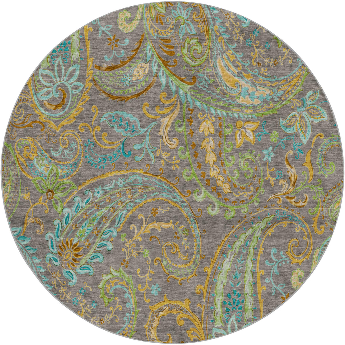 8' Taupe And Teal Paisley Shag Washable Round Rug With UV Protection - HomeRoots - Flyclothing LLC