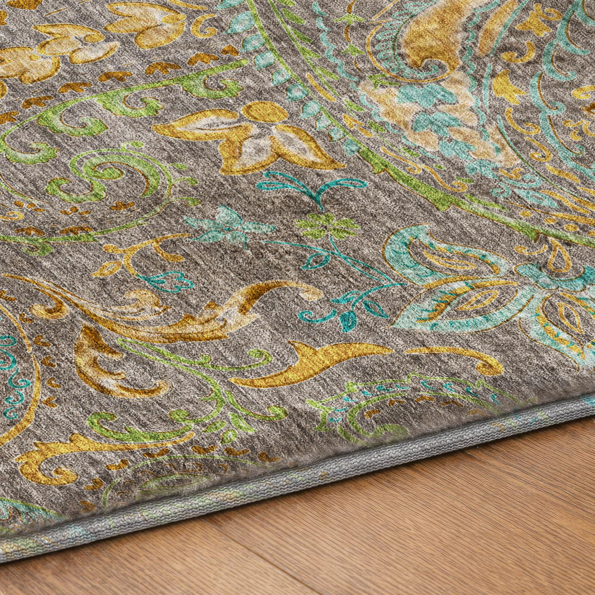 8' Taupe And Teal Paisley Shag Washable Round Rug With UV Protection - HomeRoots - Flyclothing LLC