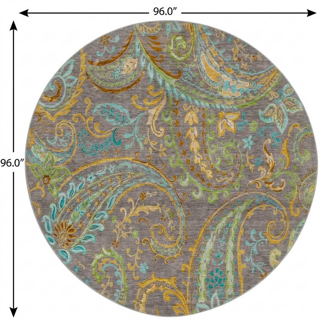 8' Taupe And Teal Paisley Shag Washable Round Rug With UV Protection - HomeRoots - Flyclothing LLC