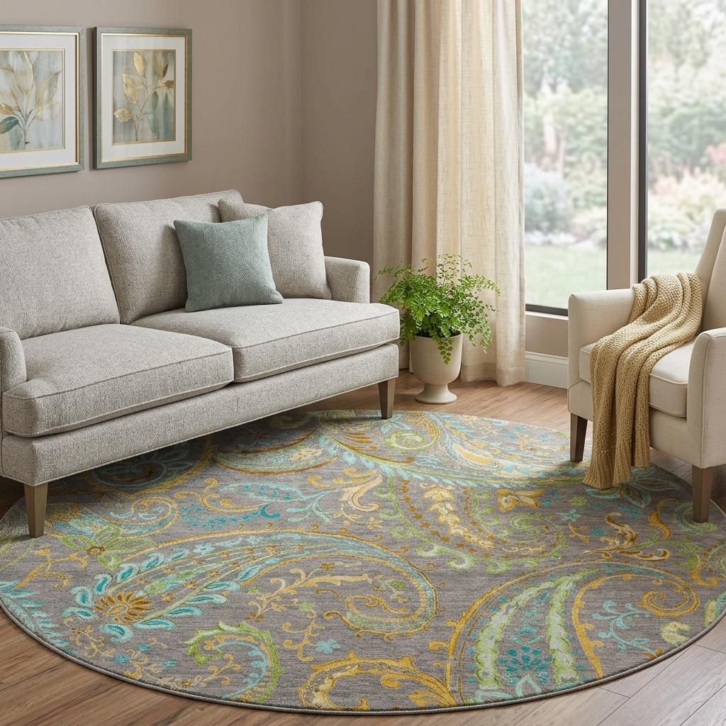 8' Taupe And Teal Paisley Shag Washable Round Rug With UV Protection - HomeRoots - Flyclothing LLC