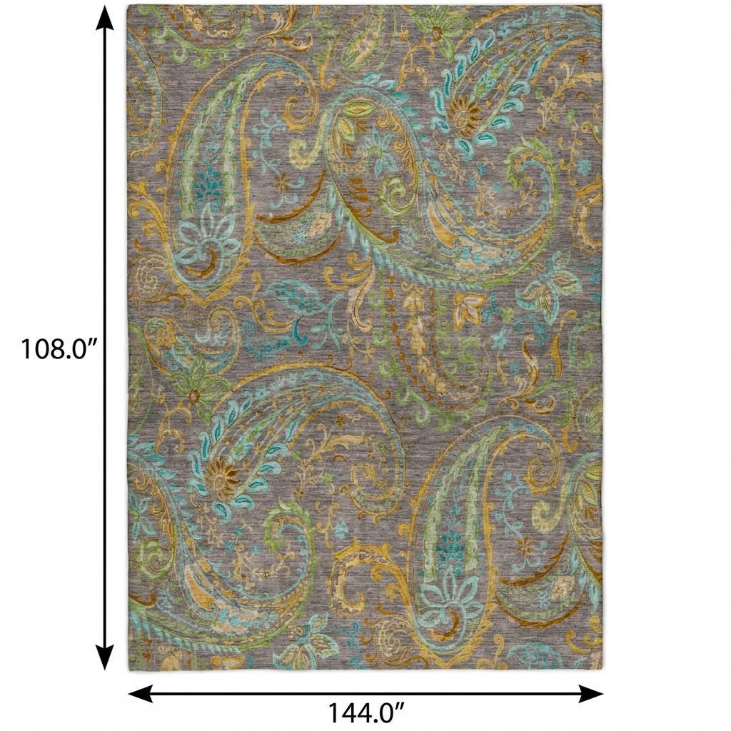 9' X 12' Taupe And Teal Paisley Shag Washable Area Rug With UV Protection - HomeRoots - Flyclothing LLC