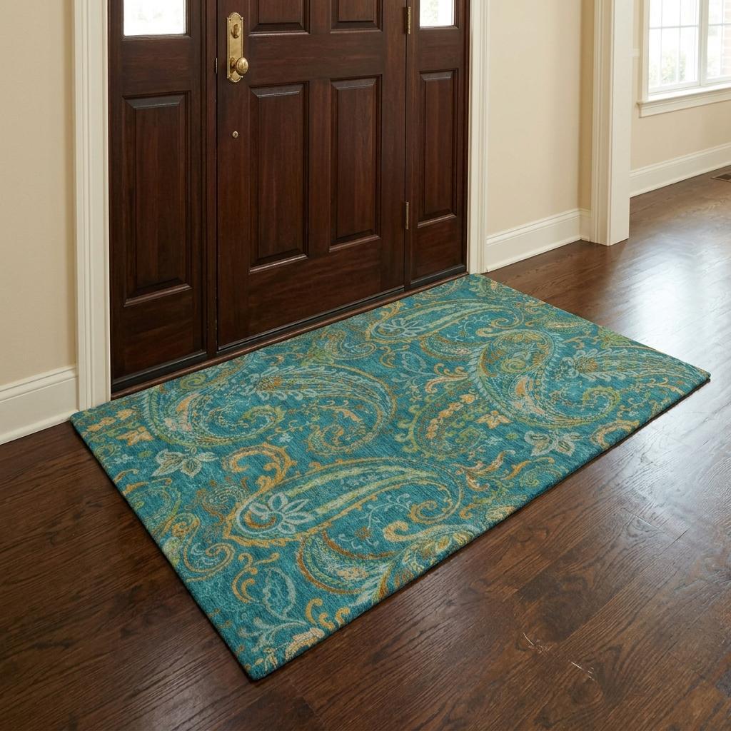 3' X 5' Teal And Gold Paisley Shag Washable Area Rug With UV Protection - HomeRoots - Flyclothing LLC