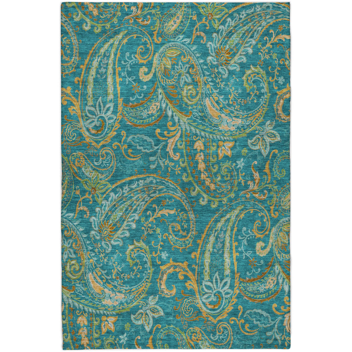 3' X 5' Teal And Gold Paisley Shag Washable Area Rug With UV Protection - HomeRoots - Flyclothing LLC