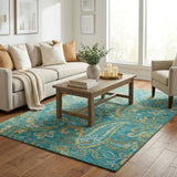 5' X 8' Teal And Gold Paisley Shag Washable Area Rug With UV Protection - HomeRoots - Flyclothing LLC