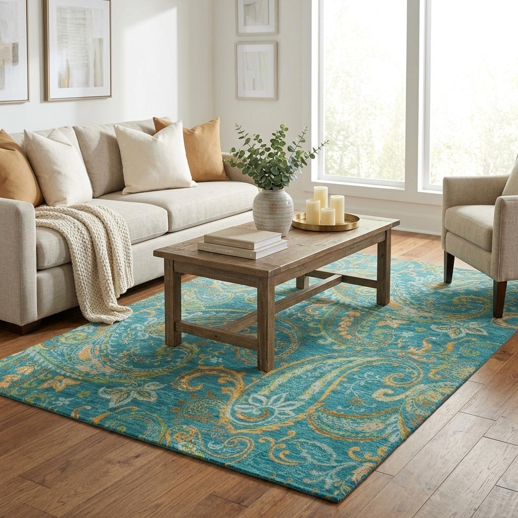 5' X 8' Teal And Gold Paisley Shag Washable Area Rug With UV Protection - HomeRoots - Flyclothing LLC