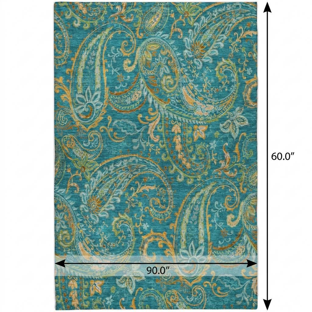 5' X 8' Teal And Gold Paisley Shag Washable Area Rug With UV Protection - HomeRoots - Flyclothing LLC