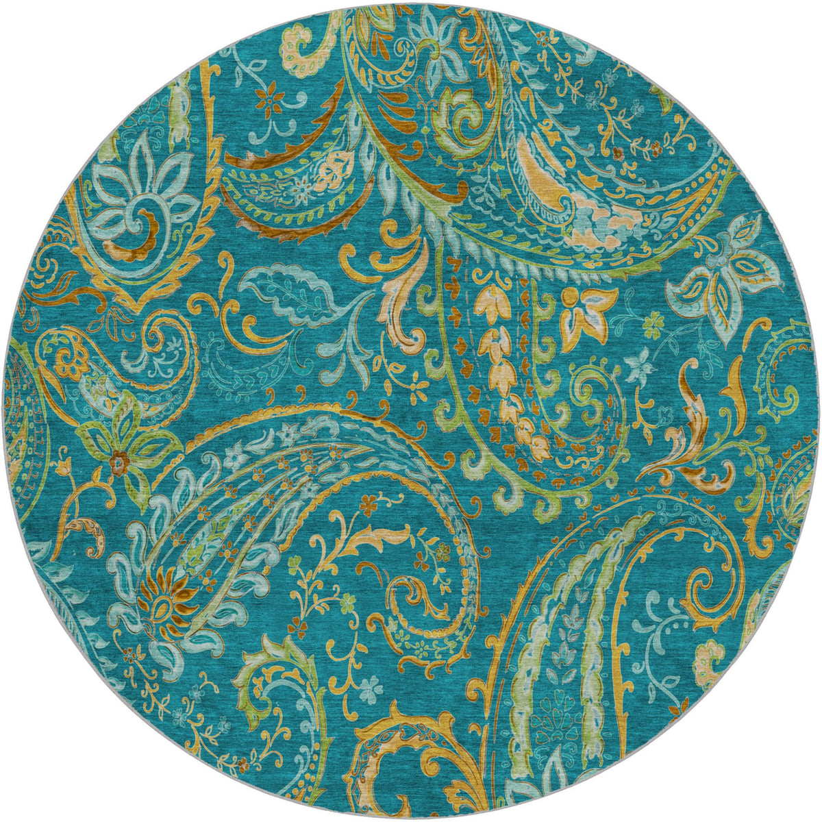 8' Teal And Gold Paisley Shag Washable Round Rug With UV Protection - HomeRoots - Flyclothing LLC