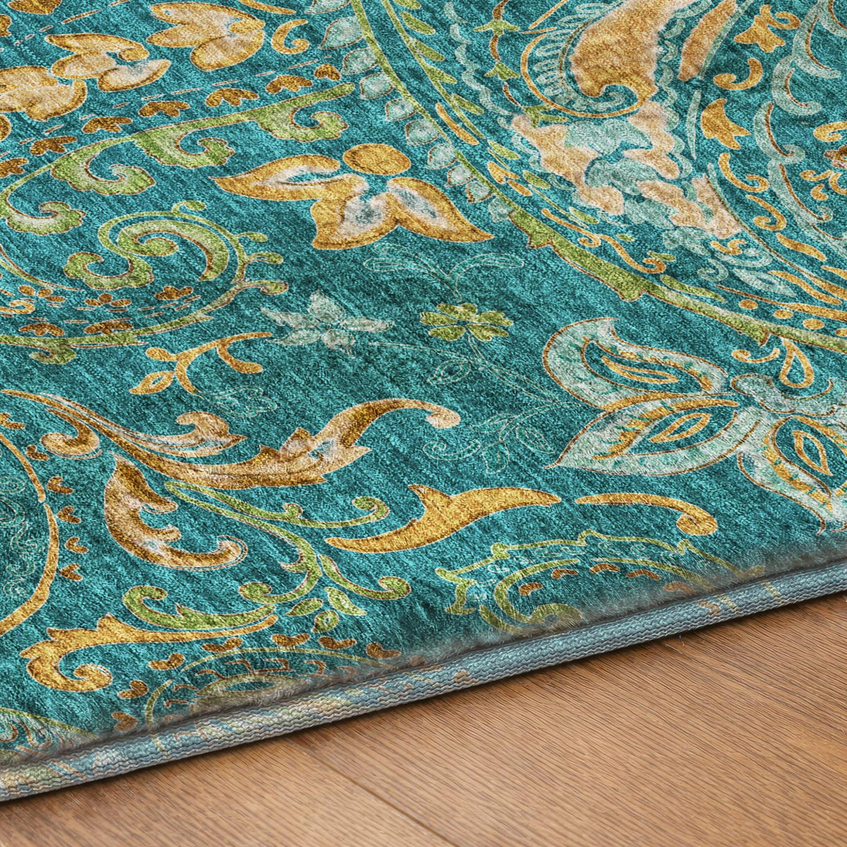 8' Teal And Gold Paisley Shag Washable Round Rug With UV Protection - HomeRoots - Flyclothing LLC
