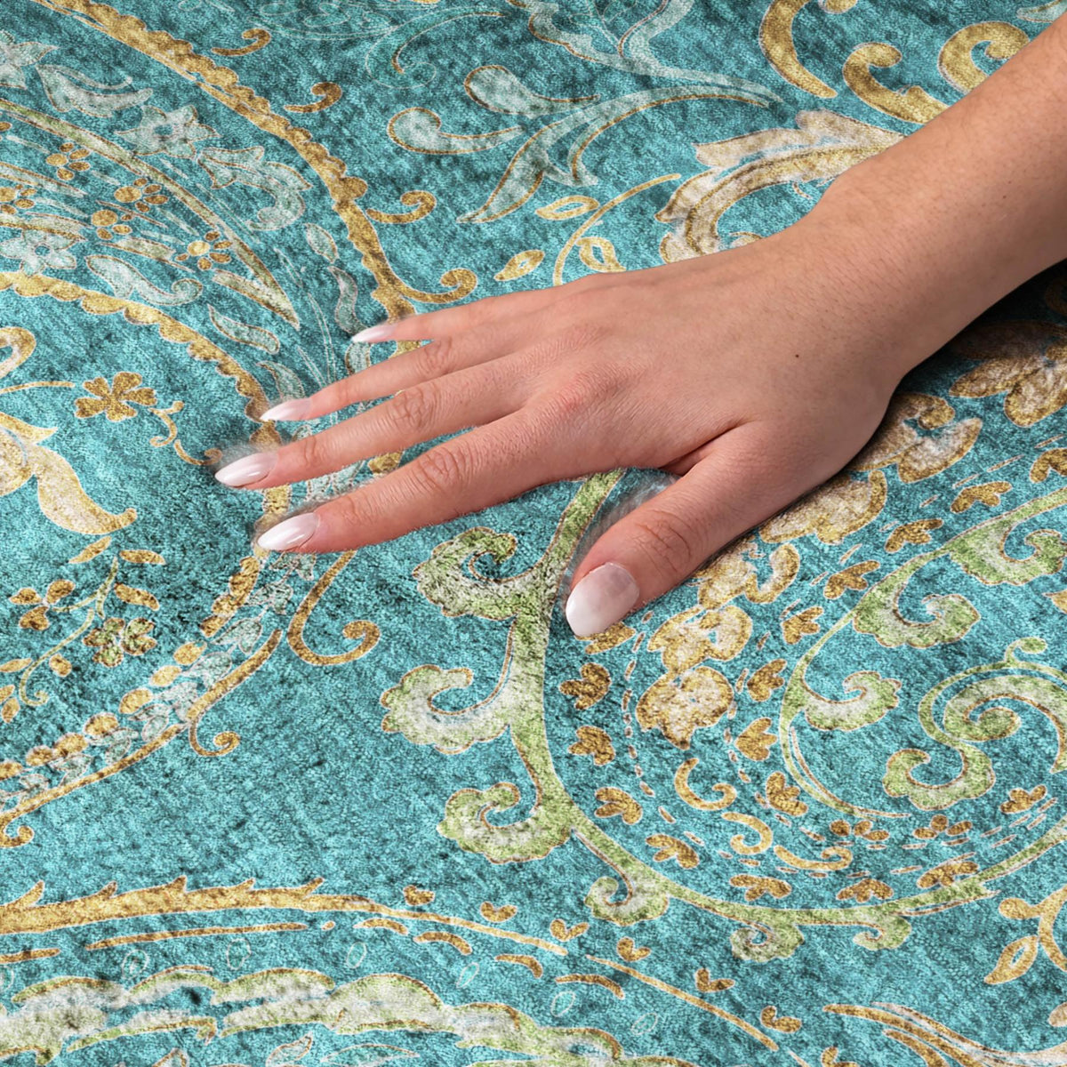 8' Teal And Gold Paisley Shag Washable Round Rug With UV Protection - HomeRoots - Flyclothing LLC