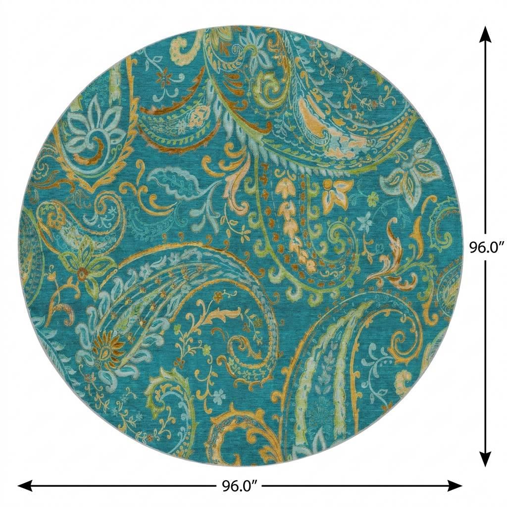 8' Teal And Gold Paisley Shag Washable Round Rug With UV Protection - HomeRoots - Flyclothing LLC