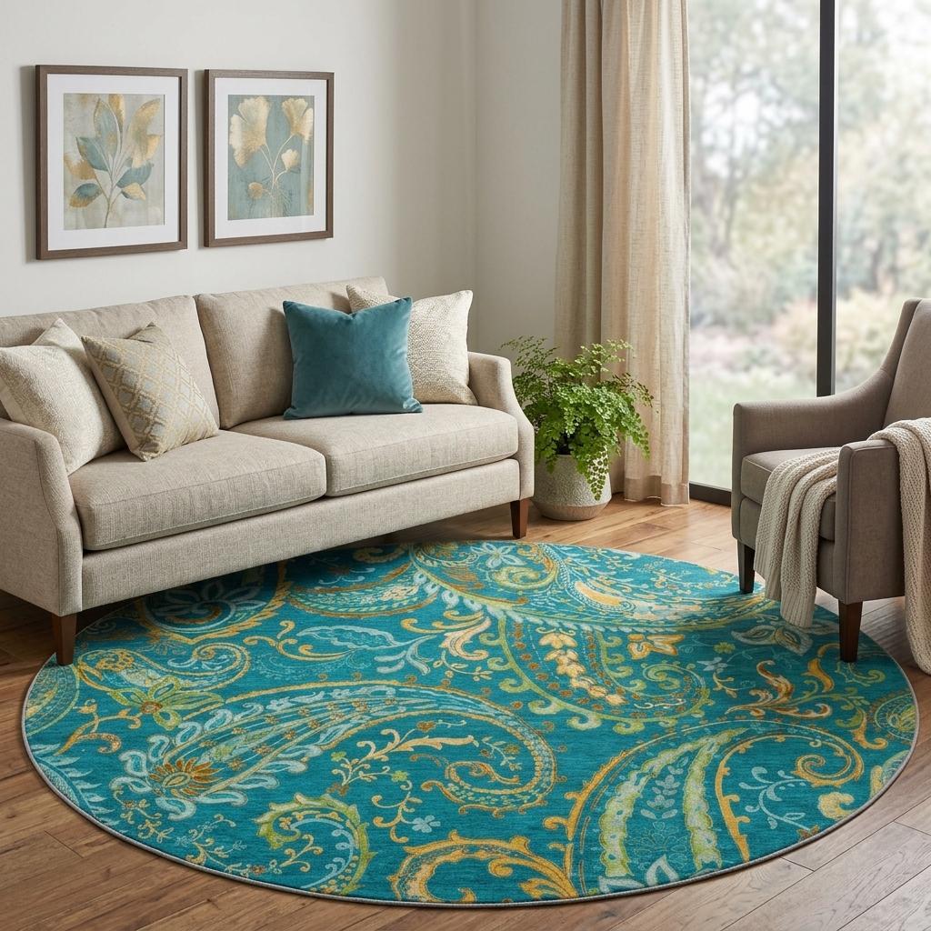 8' Teal And Gold Paisley Shag Washable Round Rug With UV Protection - HomeRoots - Flyclothing LLC