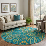8' Teal And Gold Paisley Shag Washable Round Rug With UV Protection - HomeRoots - Flyclothing LLC