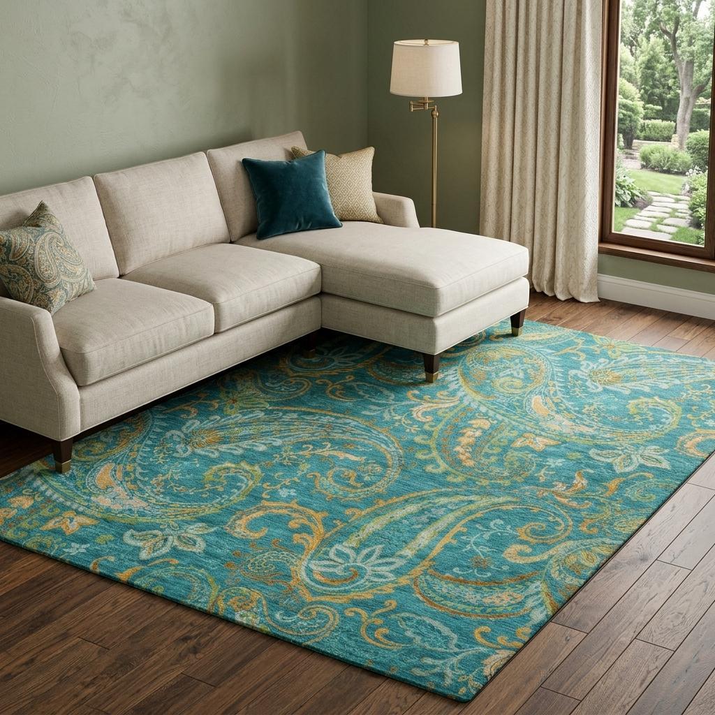 8' X 10' Teal And Gold Paisley Shag Washable Area Rug With UV Protection - HomeRoots - Flyclothing LLC