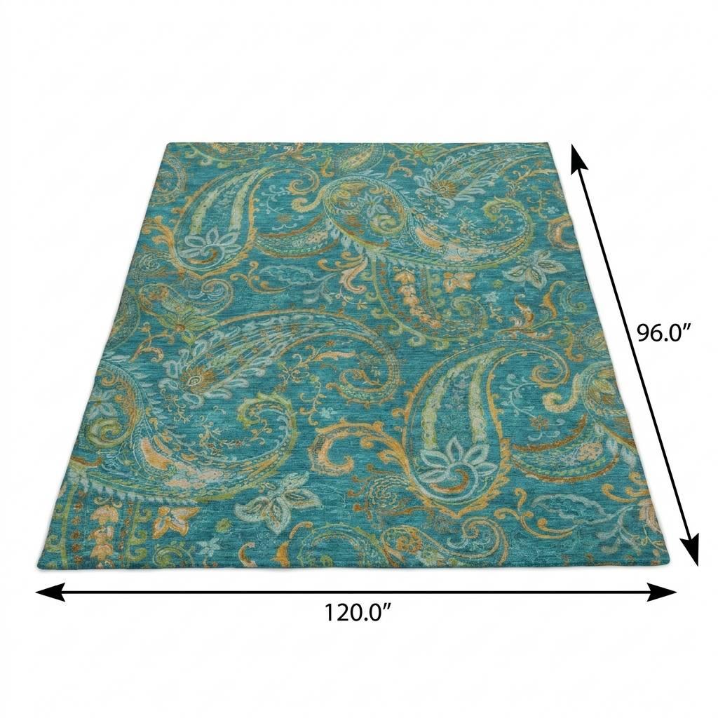 8' X 10' Teal And Gold Paisley Shag Washable Area Rug With UV Protection - HomeRoots - Flyclothing LLC
