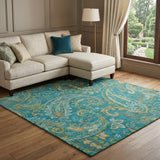 9' X 12' Teal And Gold Paisley Shag Washable Area Rug With UV Protection - HomeRoots - Flyclothing LLC