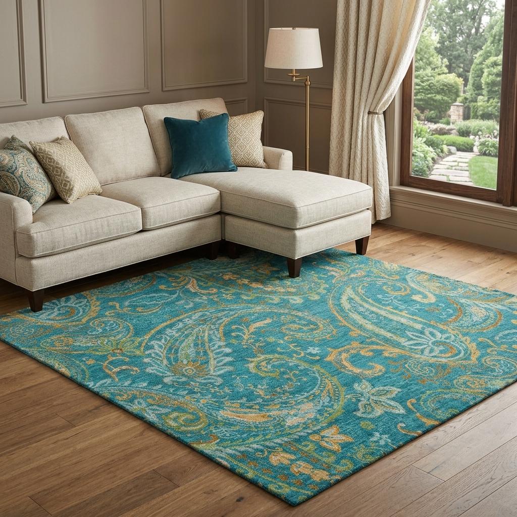9' X 12' Teal And Gold Paisley Shag Washable Area Rug With UV Protection - HomeRoots - Flyclothing LLC