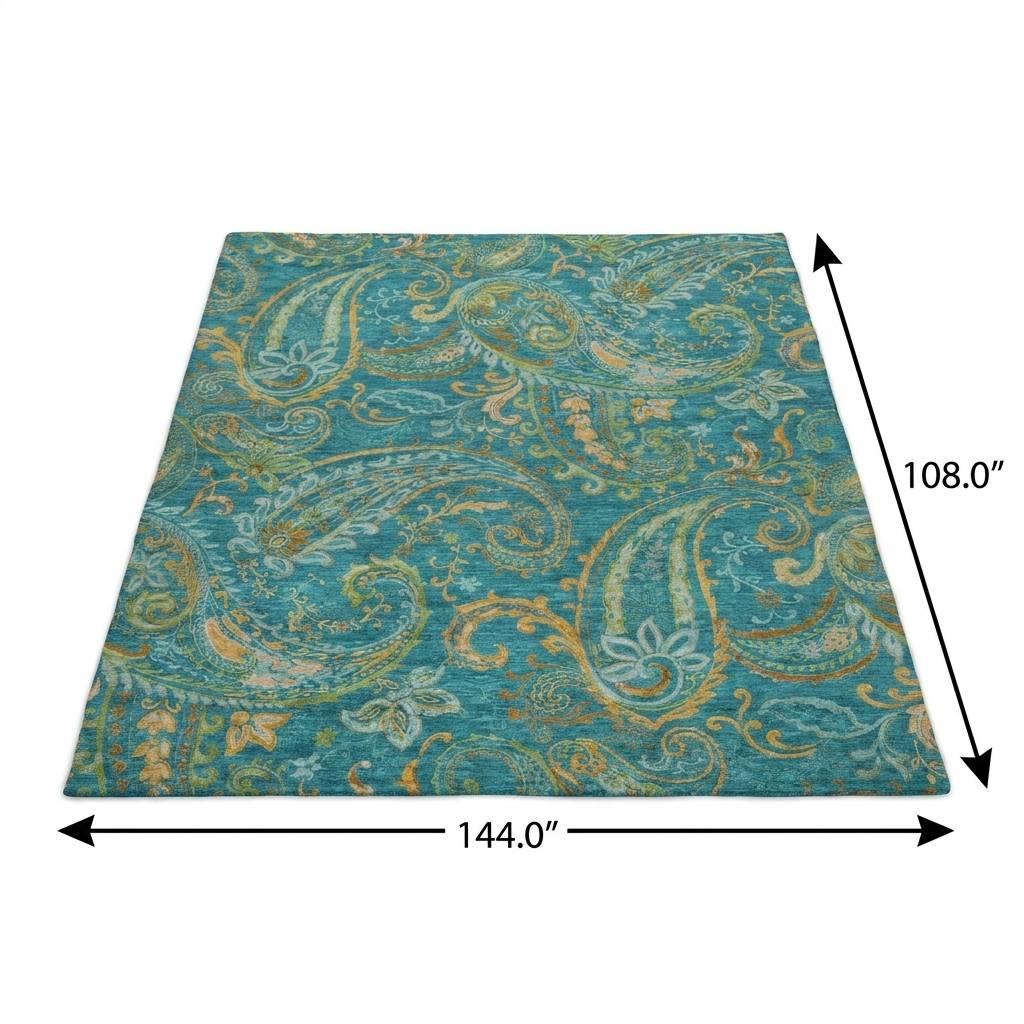 9' X 12' Teal And Gold Paisley Shag Washable Area Rug With UV Protection - HomeRoots - Flyclothing LLC