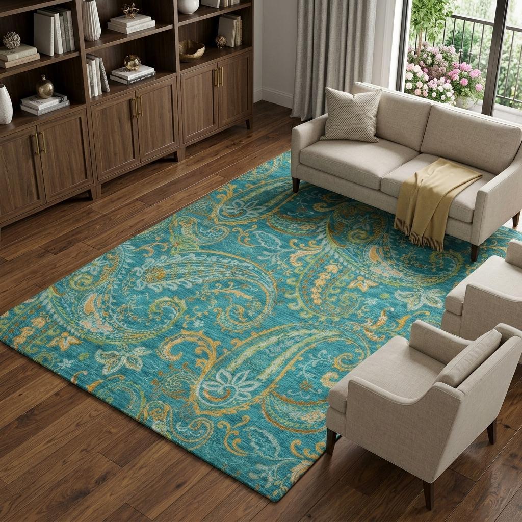 10' X 14' Teal And Gold Paisley Shag Washable Area Rug With UV Protection - HomeRoots - Flyclothing LLC